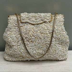 Vintage 1950s 1960s Hand Beaded Purse w Chain and Storage Bag Made in Hong Kong